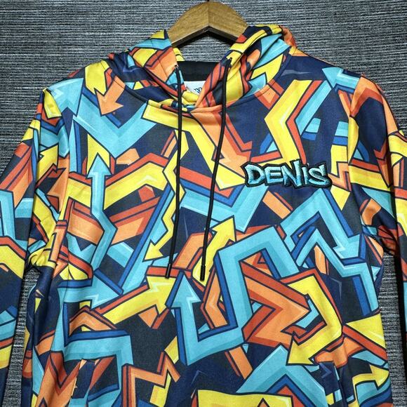 Denis Daily Hoodie Men's Small Blue Abstract Pullover Graffiti Drawstring - Picture 3 of 14